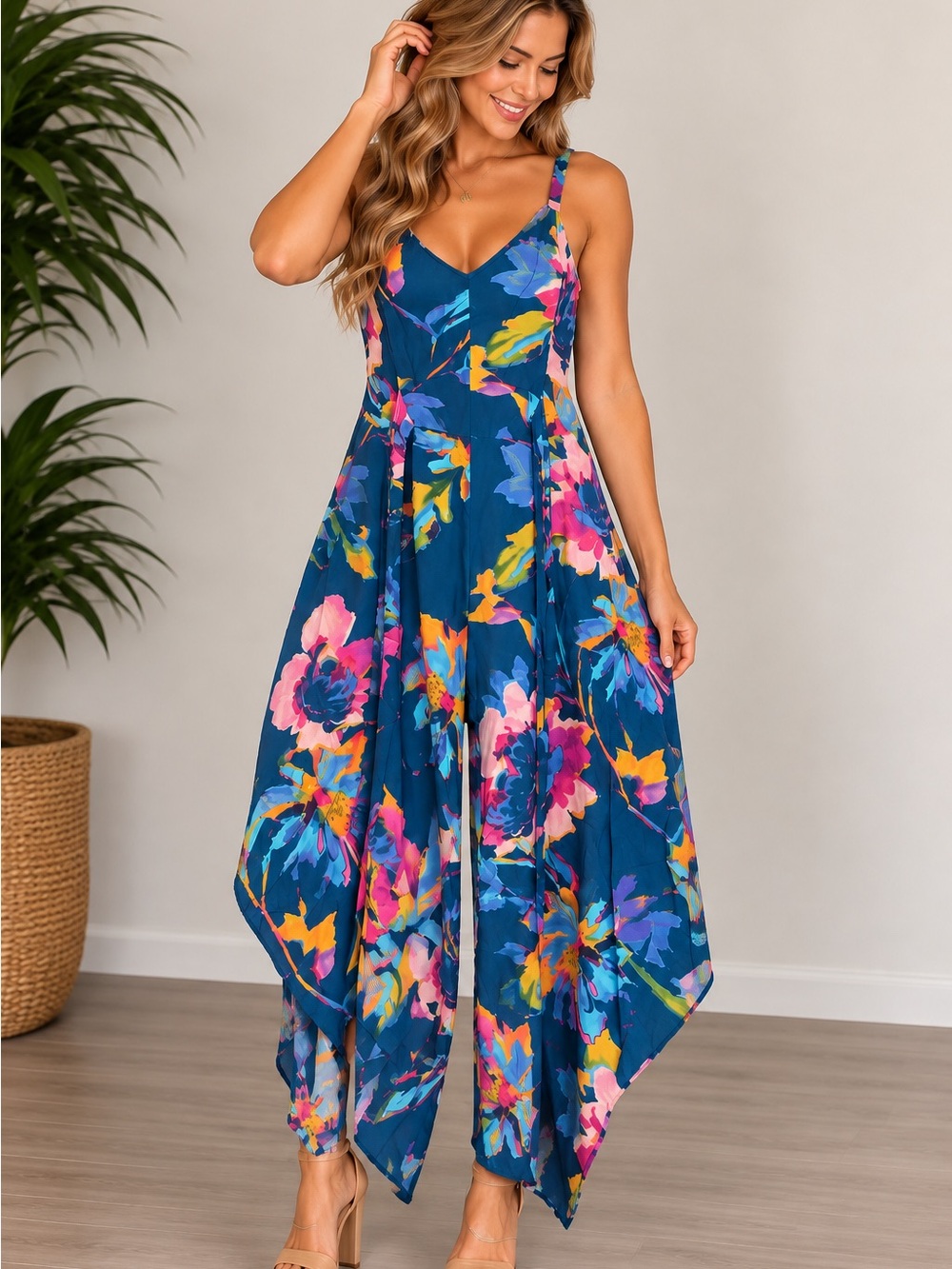 Floral Handkerchief Hem Jumpsuit Teal Multicolor